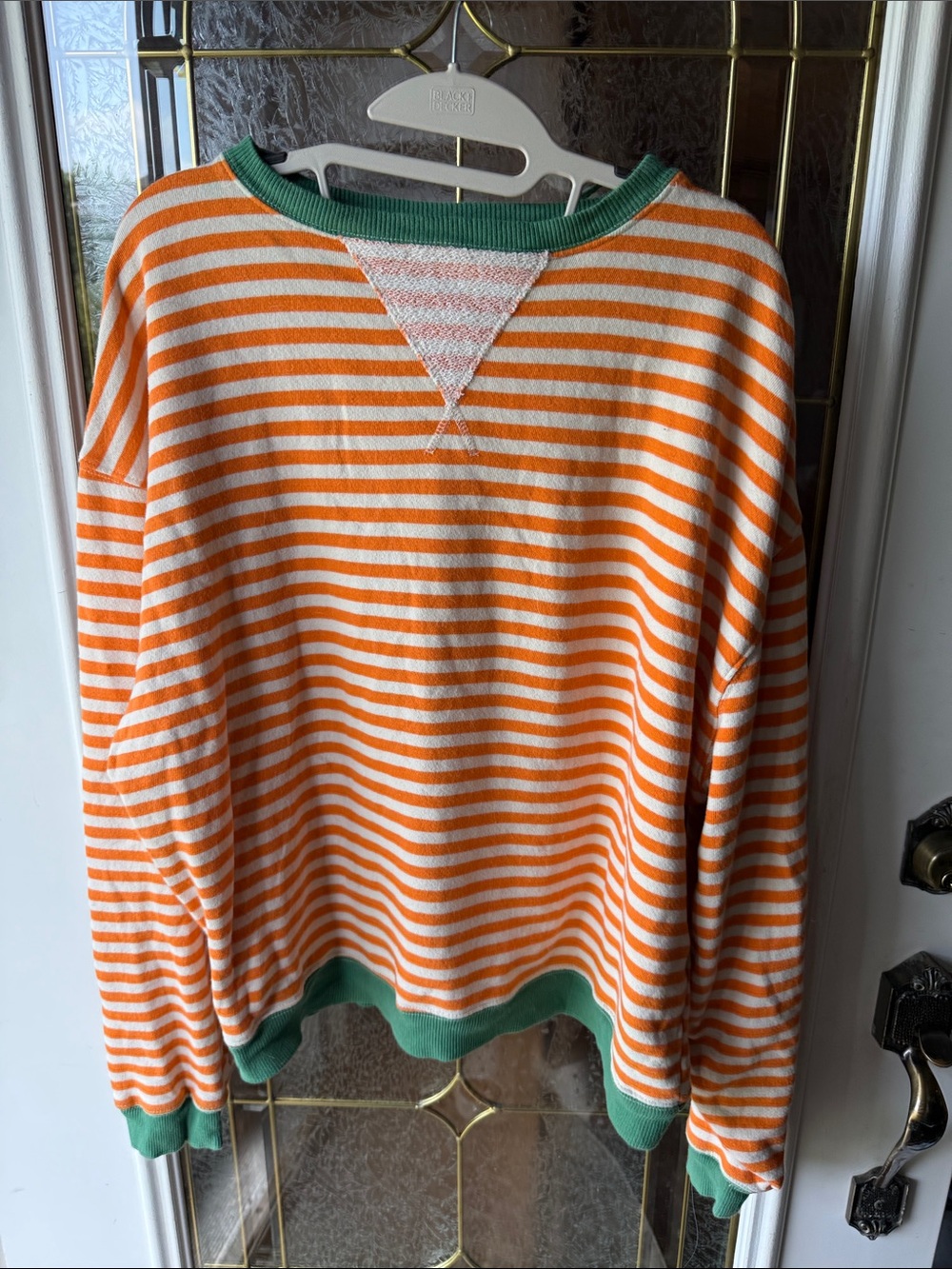 Free People Orange and White Striped Crewneck Sweater with Green Trim